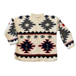Hand Knit Sweater Aztec Southwestern 100% Wool NEW XL